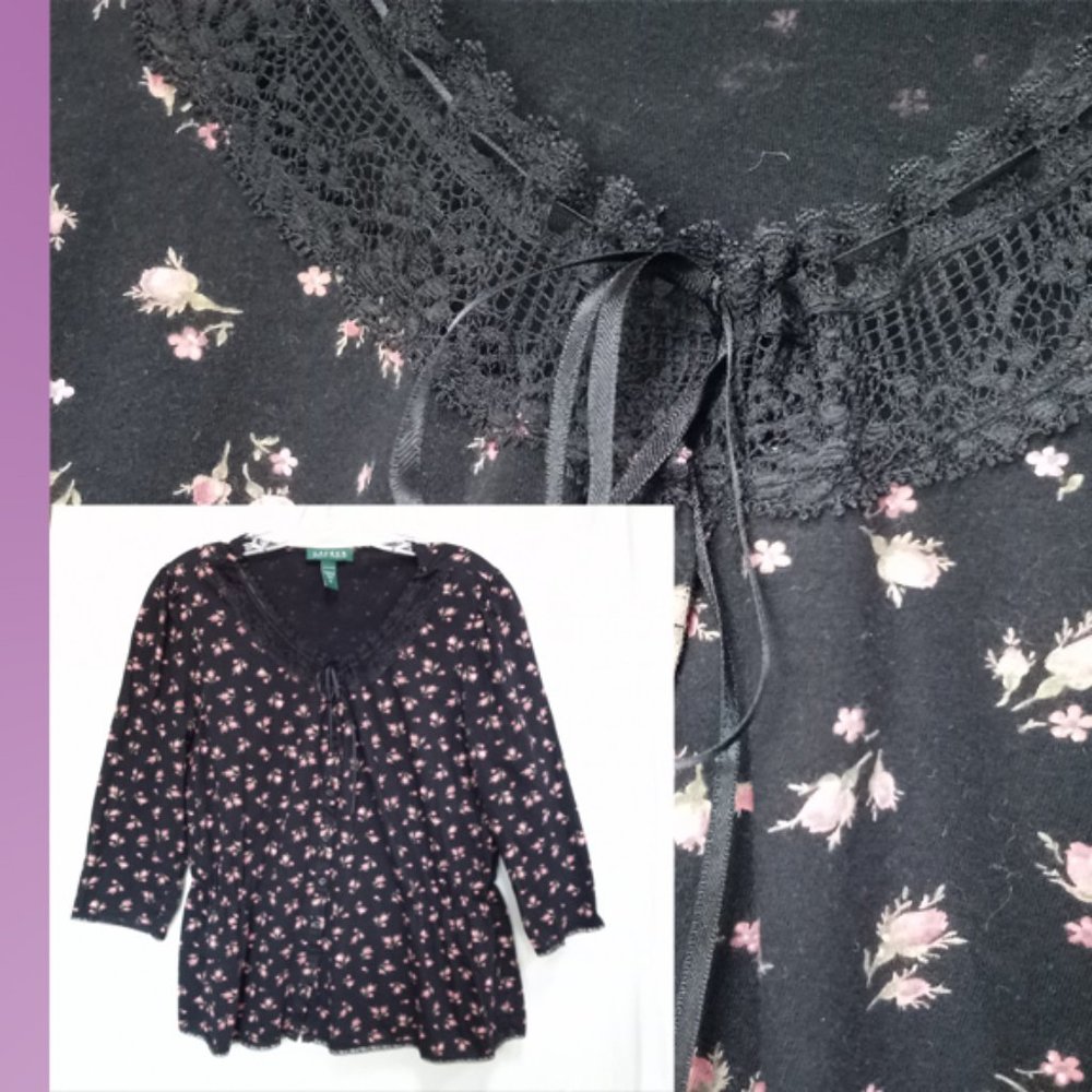 Lauren Ralph Lauren Black W/Pink Rosebuds Cotton Top XL (T-216)